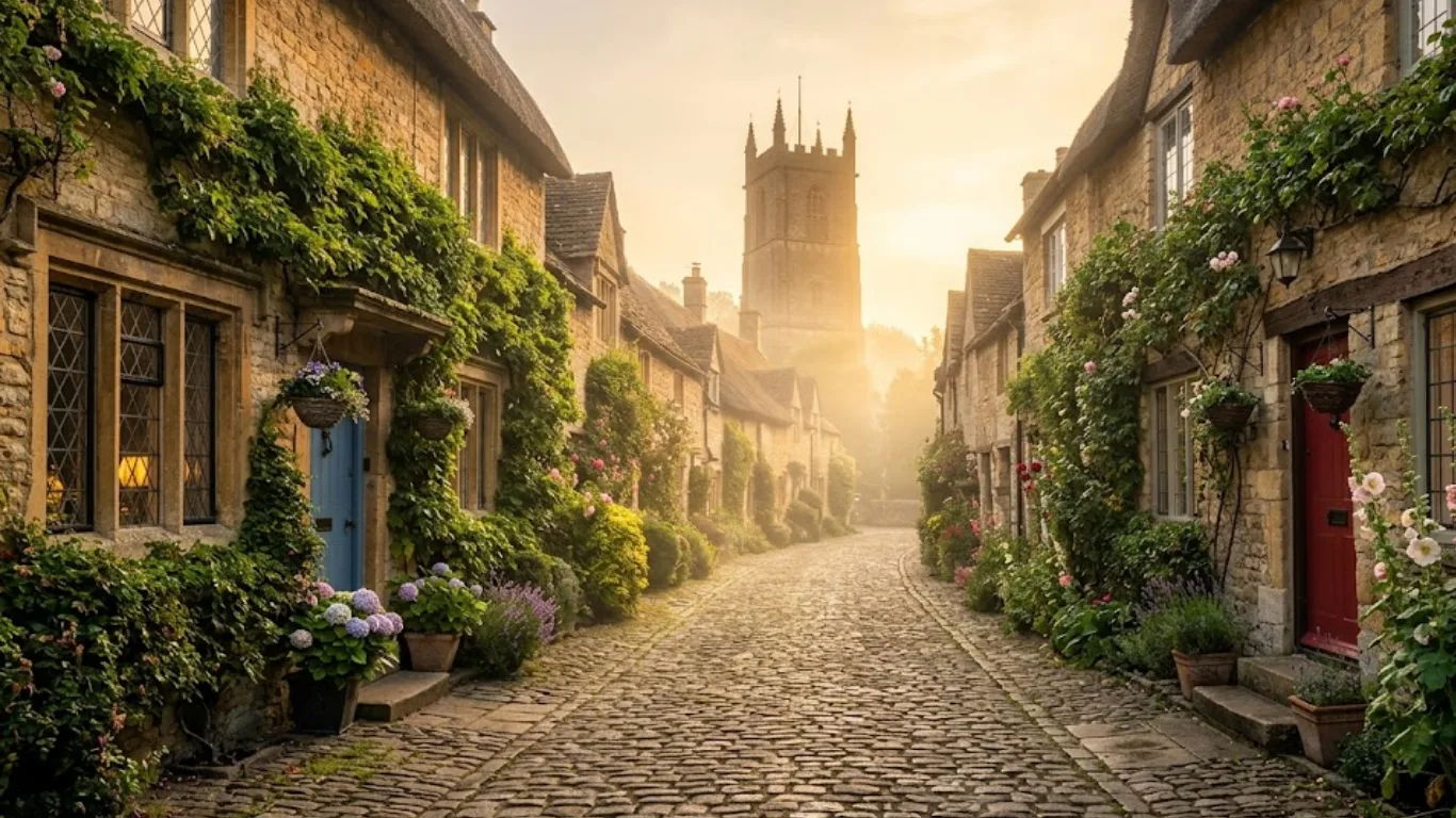 A picturesque, fictional English village scene representing the mystery of Pabington.