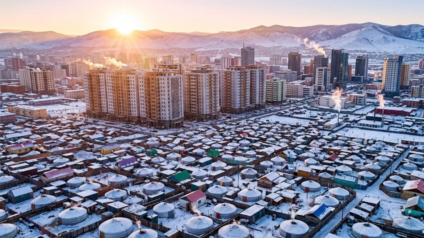 Aerial view of Ulaanbaatar city showing the contrast between Oronsuuts and Ger districts.