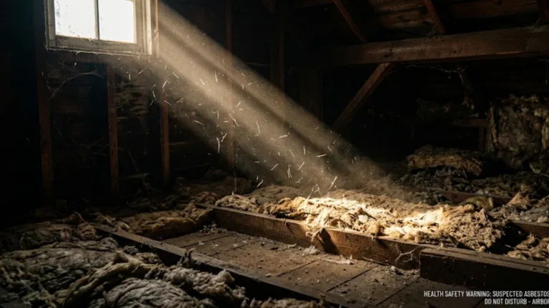 Microscopic dust particles in an old attic representing asbestlint, a hidden health hazard in pre-1980 buildings
