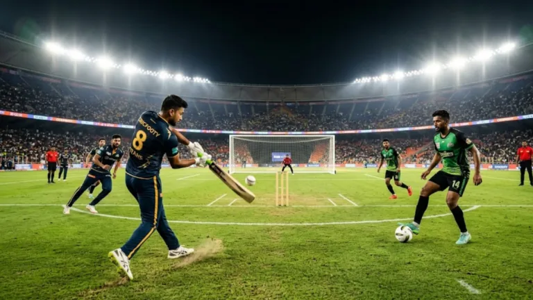 A Cricfooty field showing the fusion of cricket wickets and football goalposts during an active match.