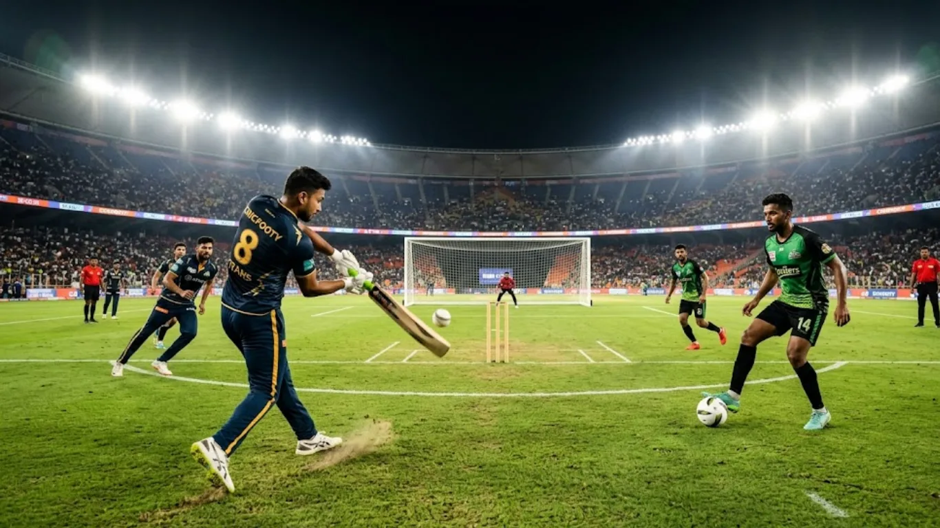 A Cricfooty field showing the fusion of cricket wickets and football goalposts during an active match.