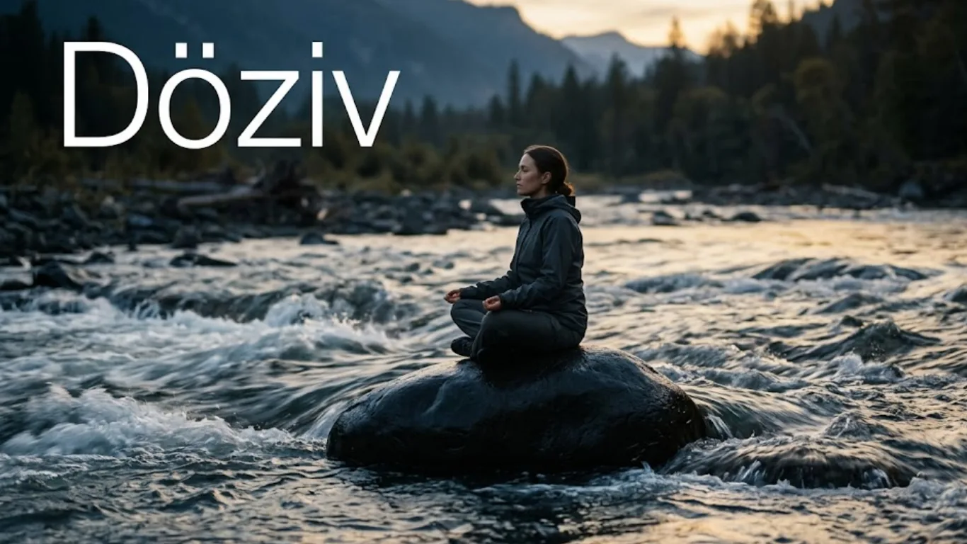 A person sitting calmly on a rock in a flowing river, symbolizing the Döziv mindset of inner stability during external difficulty.