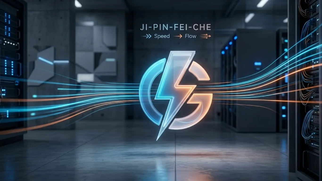 A conceptual digital artwork representing Jipinfeiche, showing a high-speed light trail forming a 3D productivity gear icon in a futuristic setting.