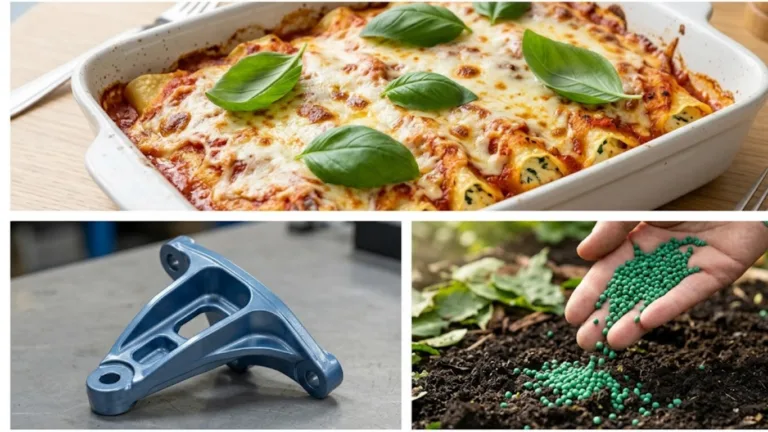 A conceptual collage showing Mannacote as a pasta dish, industrial coating, and agricultural fertilizer.