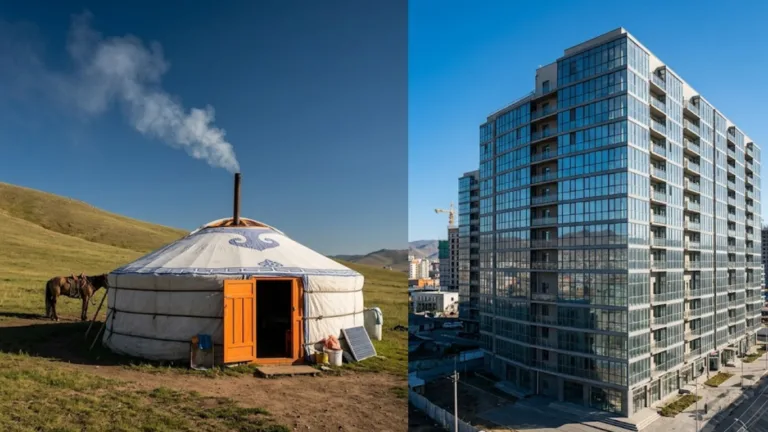 A traditional Mongolian ger standing in front of a modern Oronsuuts apartment complex in Ulaanbaatar.