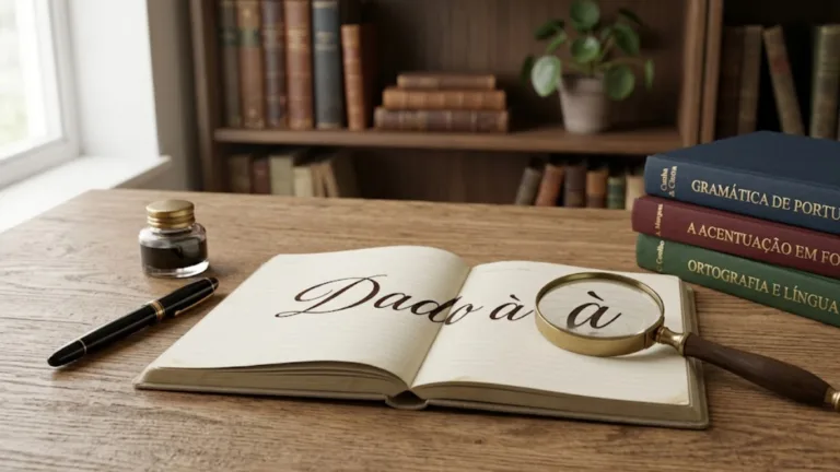 Portuguese grammar guide showing the phrase dado à written in a notebook with study materials.