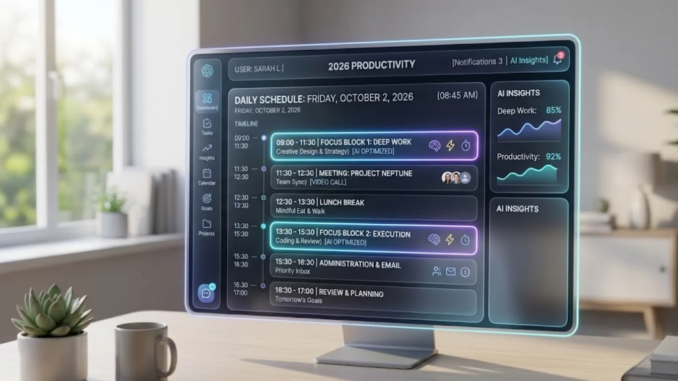 Schedow AI dashboard showing automated time-blocking and focus windows for a productive workday.