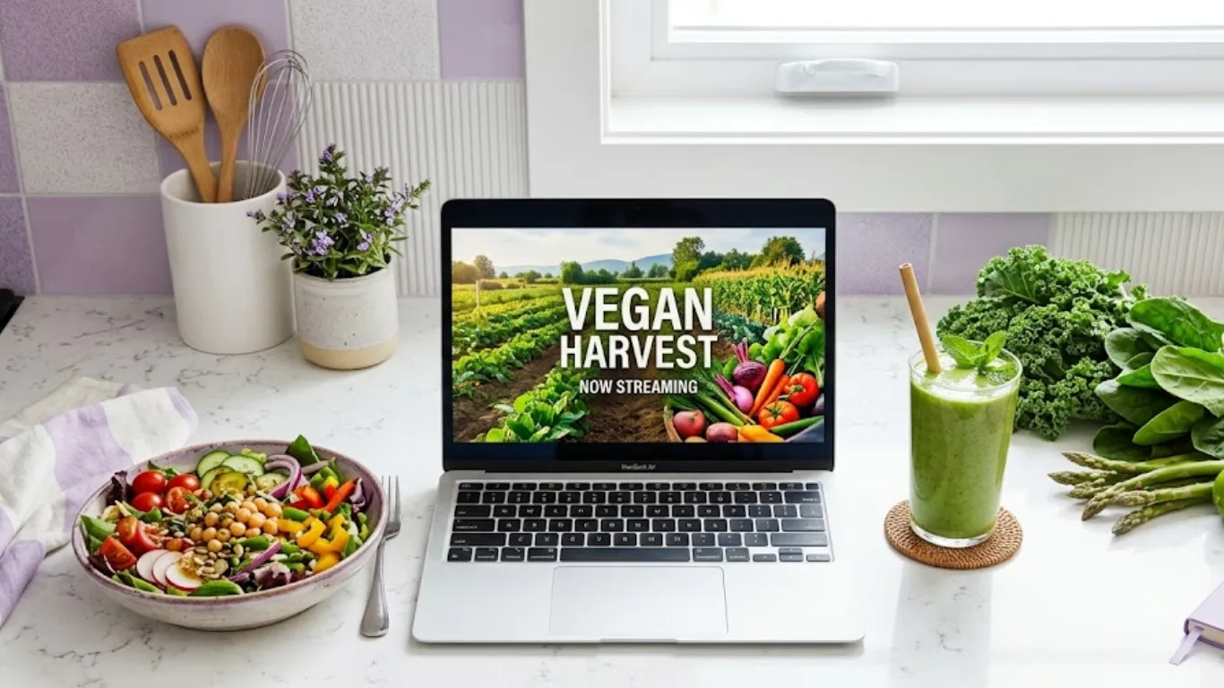 A laptop displaying a vegan documentary alongside a fresh plant-based meal, representing the veganovies com lifestyle.