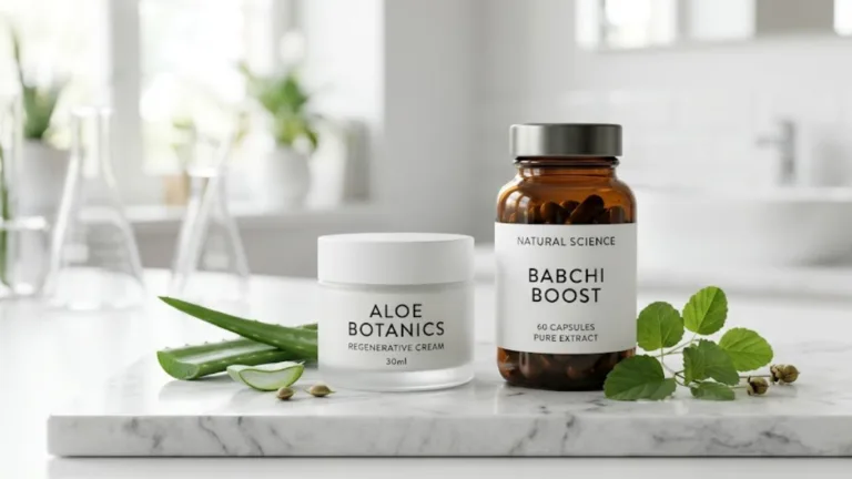 Vitilinox topical cream and oral supplement bottles displayed with natural green leaves to represent holistic skin health.