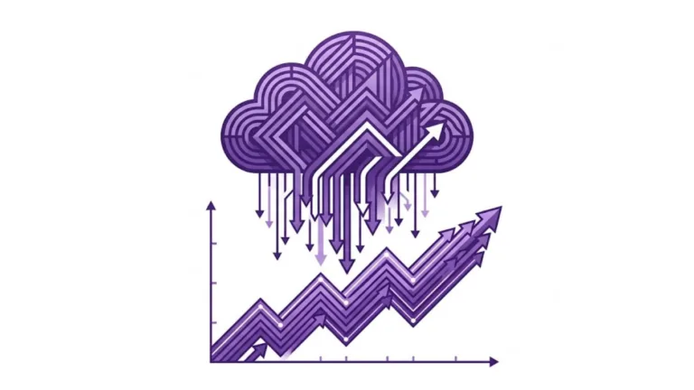 A minimalist digital art piece showing a geometric storm cloud transforming into an upward growth graph, symbolizing the business concept of stormuring.