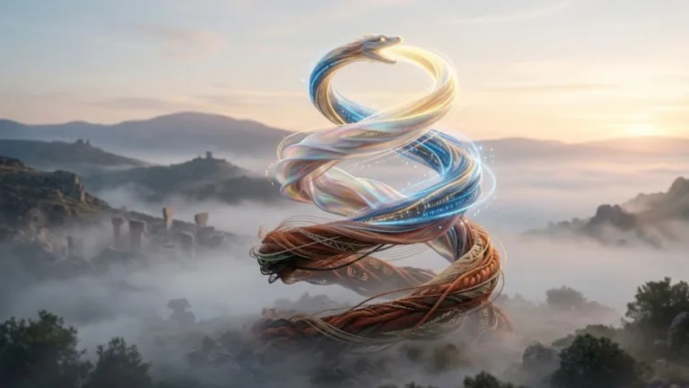 An ethereal glowing spiral symbolizing the çievri concept of transformation and cyclical growth against a mist-filled Anatolian morning landscape.