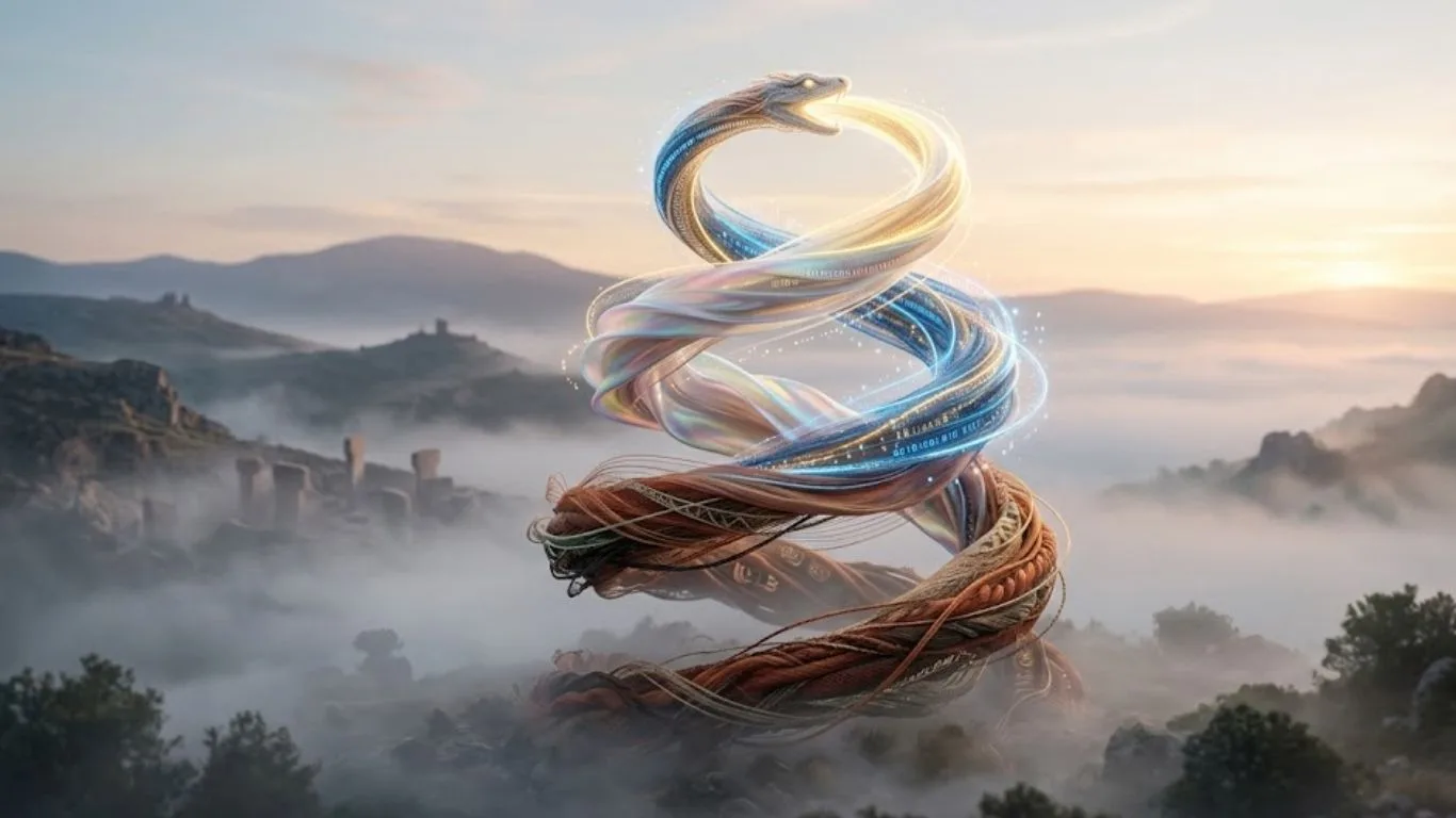 An ethereal glowing spiral symbolizing the çievri concept of transformation and cyclical growth against a mist-filled Anatolian morning landscape.
