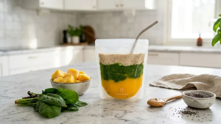 A vibrant layered smoothiepussit in a glass pouch surrounded by fresh mango, spinach, and chia seeds on a marble countertop.