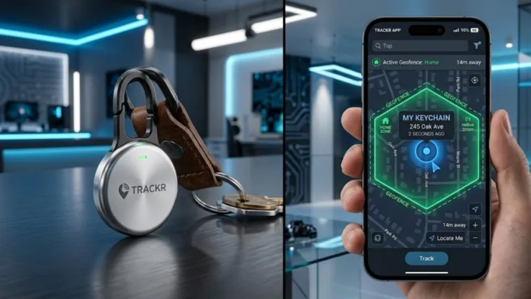 A split-screen showing a physical Bluetooth tracking tag on a keychain and a smartphone app displaying real-time GPS tracking and geofencing.