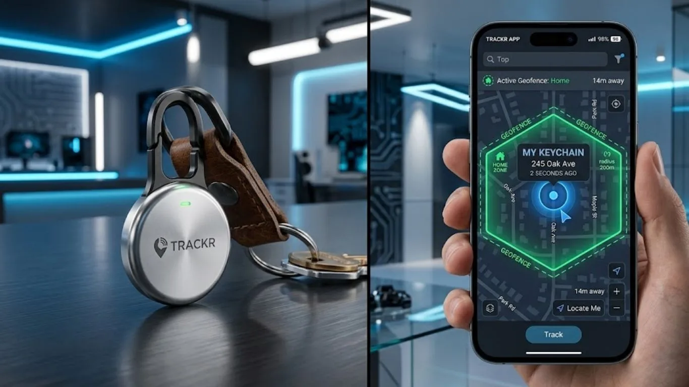 A split-screen showing a physical Bluetooth tracking tag on a keychain and a smartphone app displaying real-time GPS tracking and geofencing.